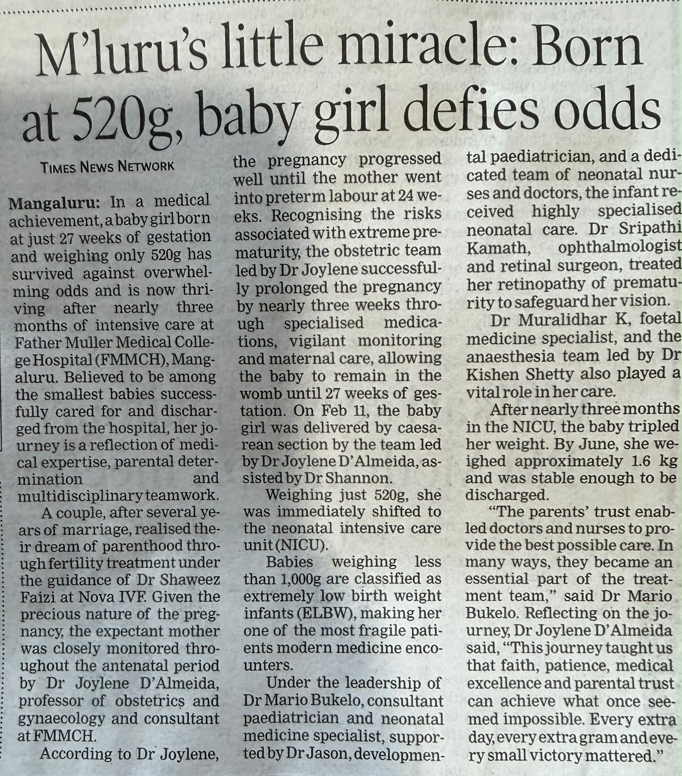 520g miracle baby — Daijiworld news article featuring Dr. Joylene D'Almeida